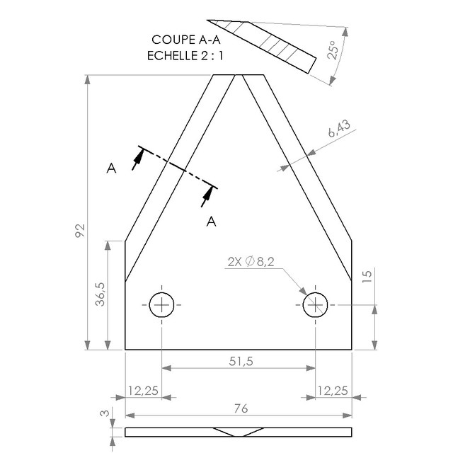 Couteau Epandeur Triangulaire 92x76 2 TRS Ø8 EA51 Adaptable Deguillaume (ACD92) référence fournisseur 456451